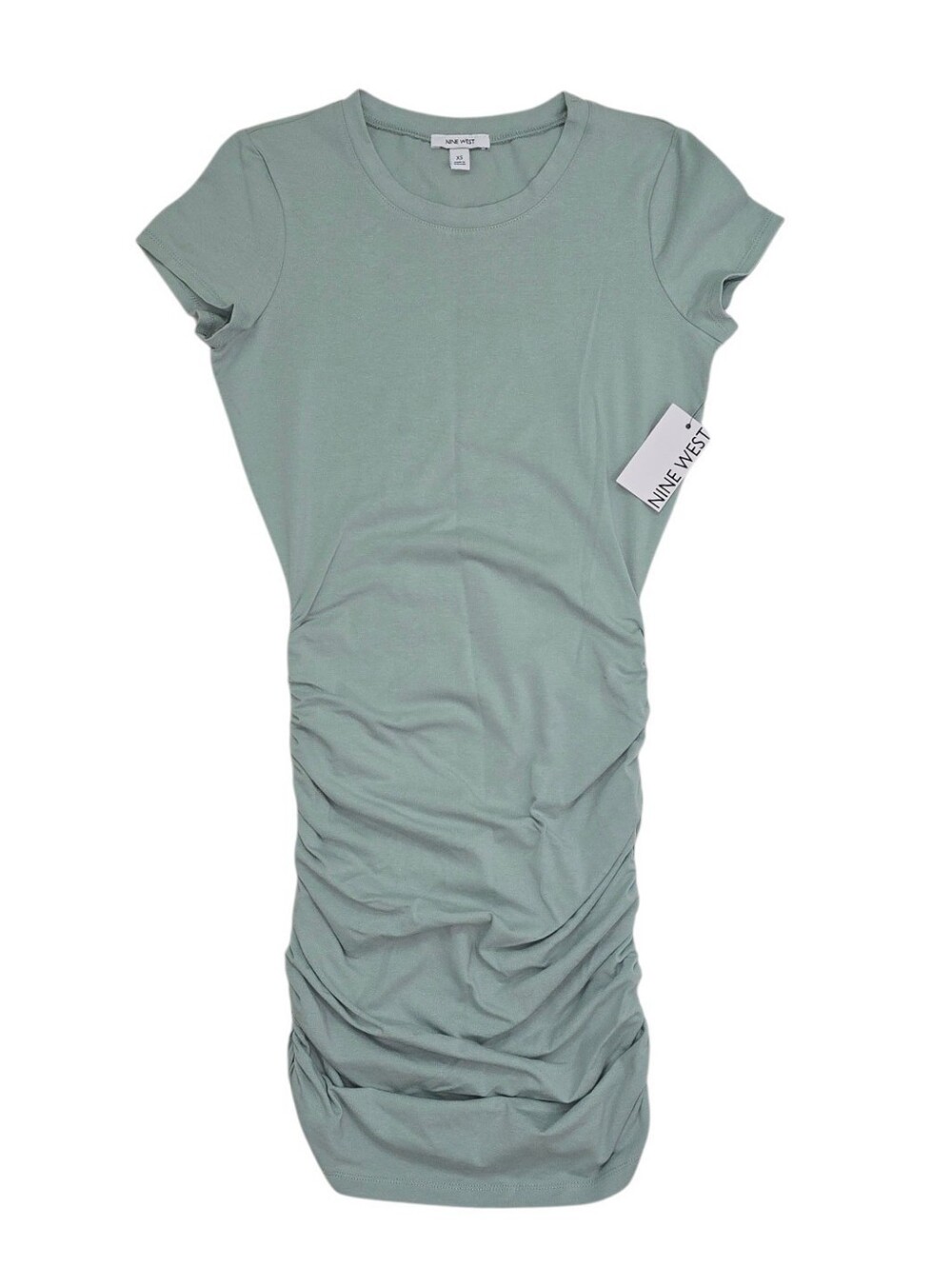 NWT Nine West Mint Sage Green Ruched Bodycon T-Shirt Dress XS Midi Soft Stretchy